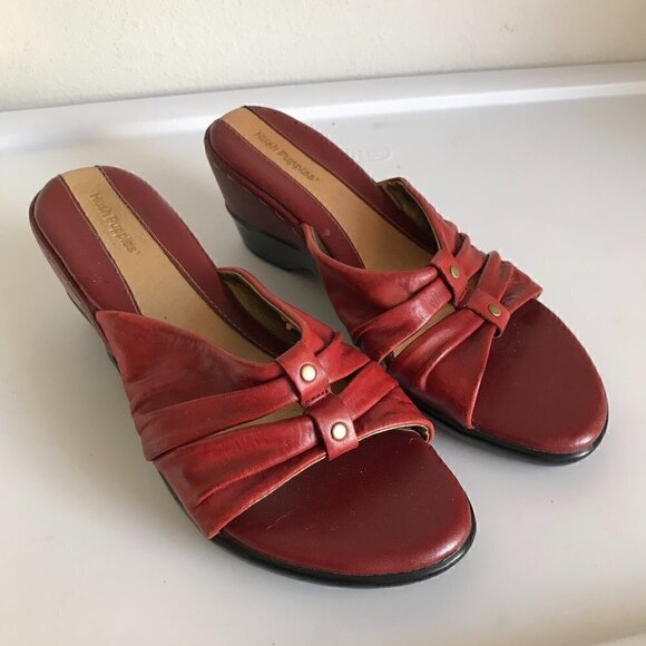 Hush Puppies Shoes - Hush Puppies Open Toe Red Leather Wedge Slides Size 8